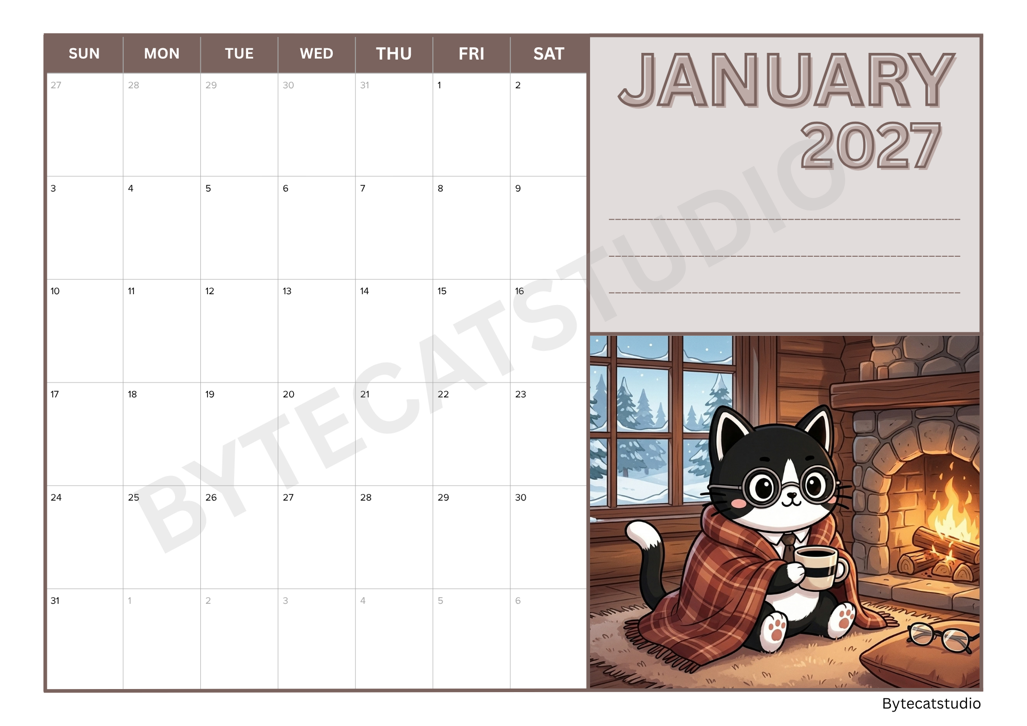 January 2027 calendar featuring a black and white cat beside a cozy fireplace